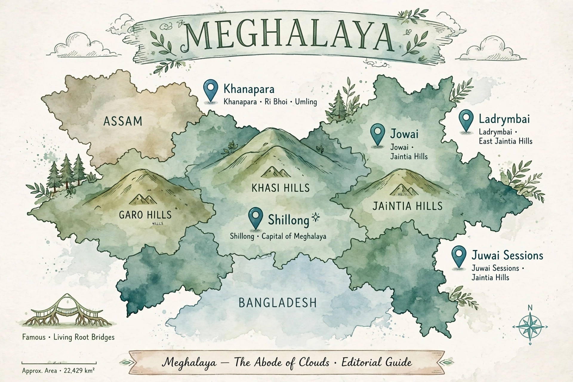 Simple map style graphic showing Jowai Ladrymbai among the many daily teer sessions in Meghalaya