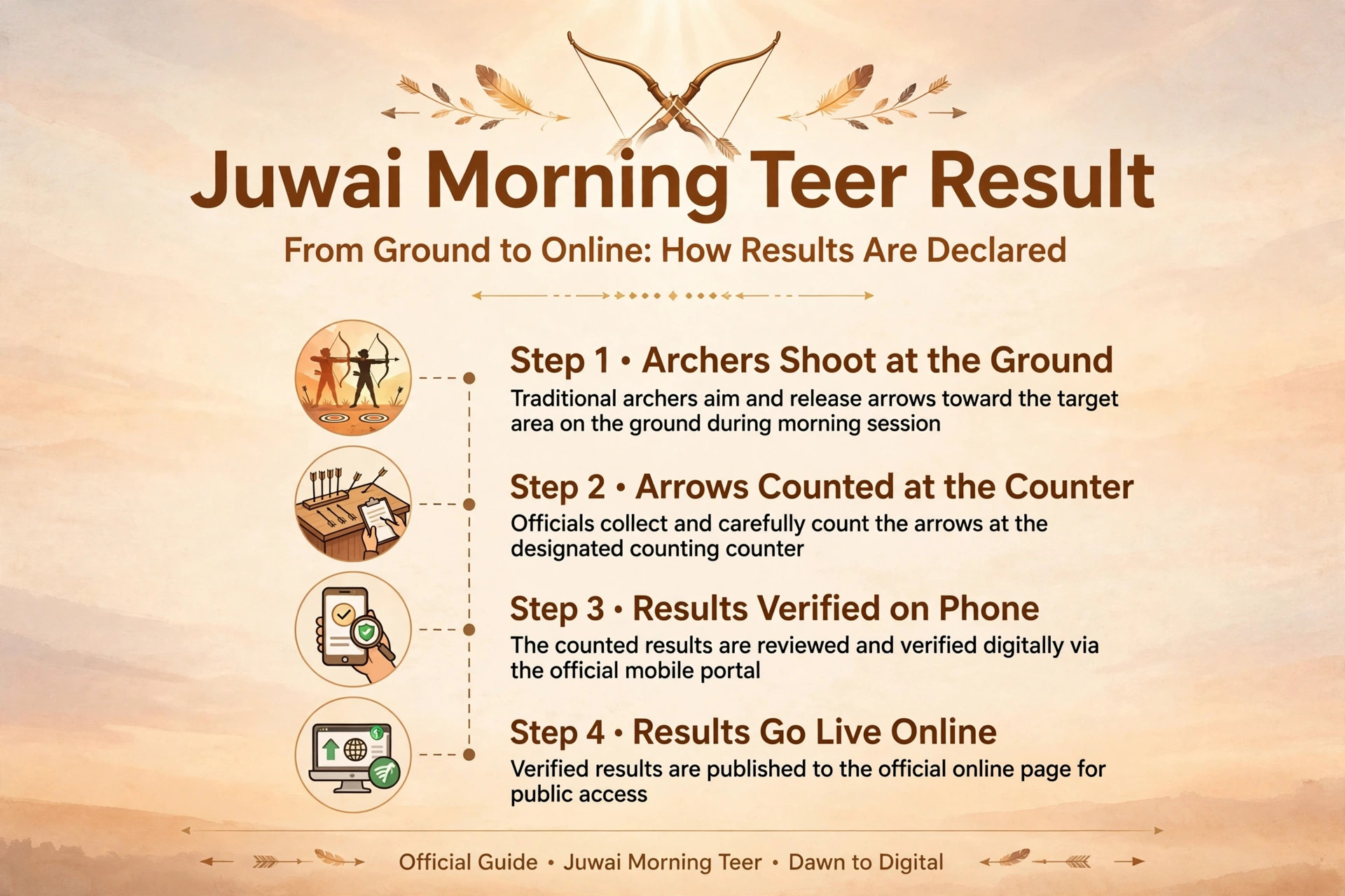 Timeline infographic showing the juwai morning teer result declaration workflow from ground to online